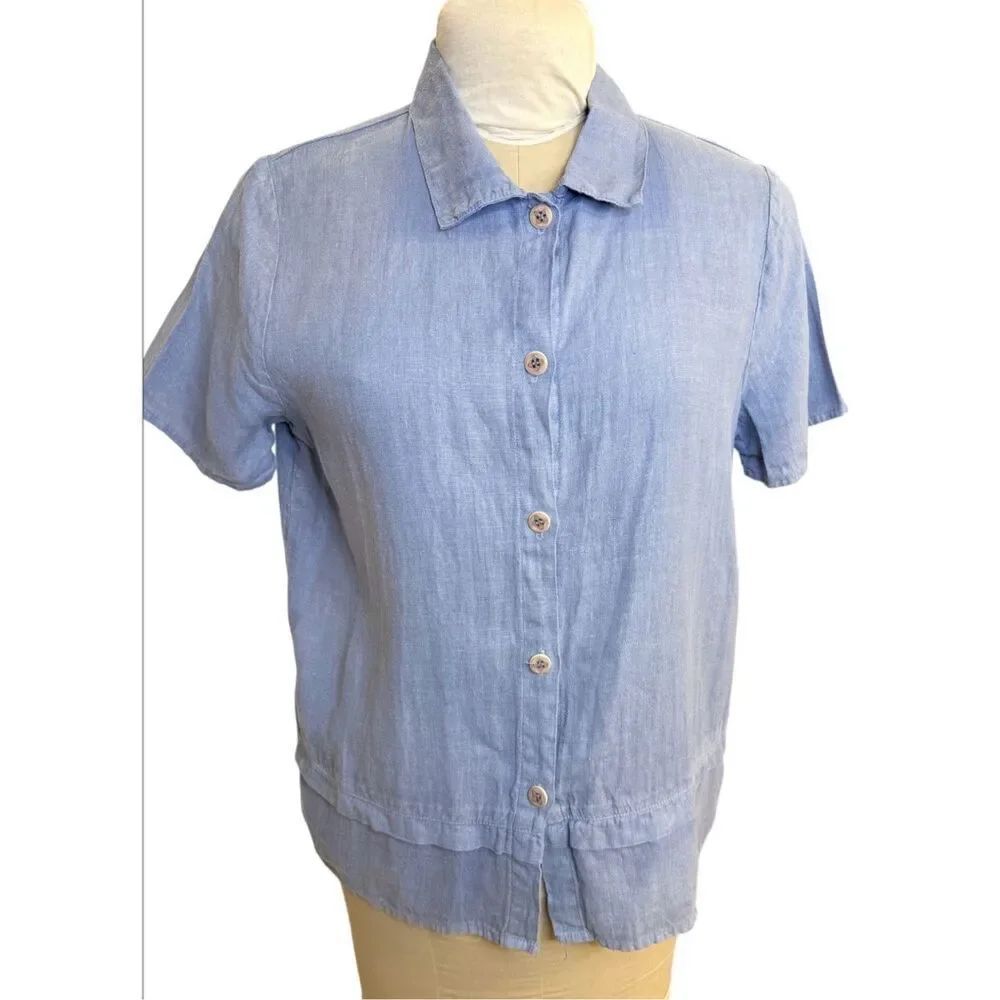 Hot Cotton Womens 100% Linen Button Up Collar Shirt Small Lt. Blue Lightweight